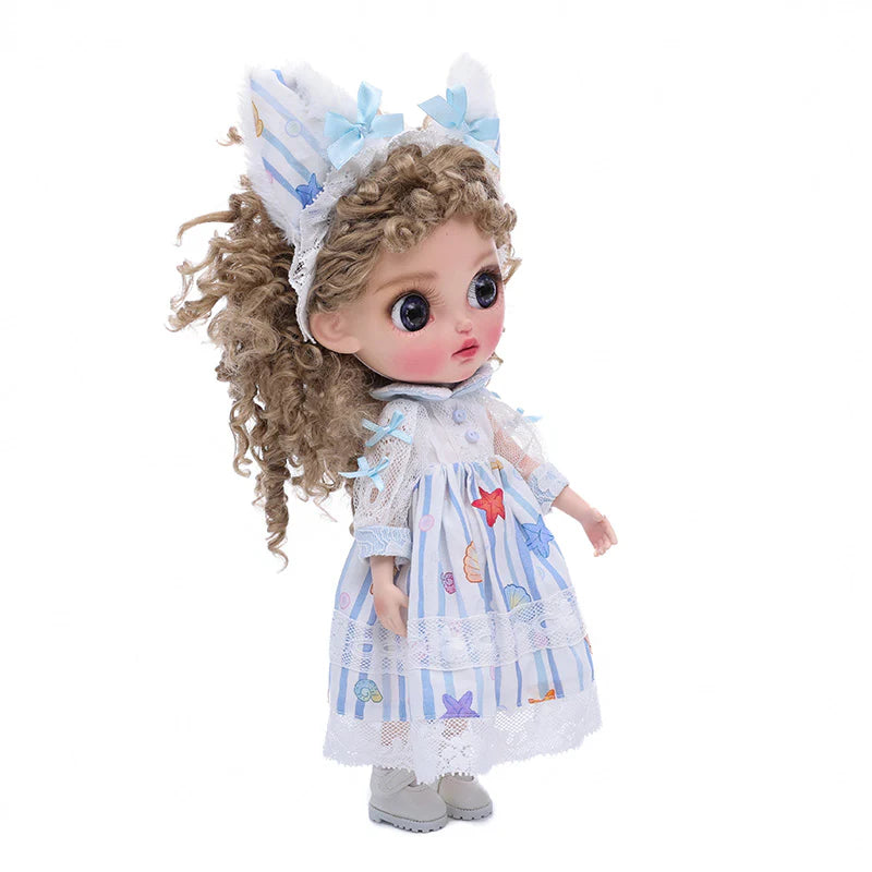 12-inch/30cm Big Eyes Porcelain Doll With Blue and White Dress - Reborn Doll Australia