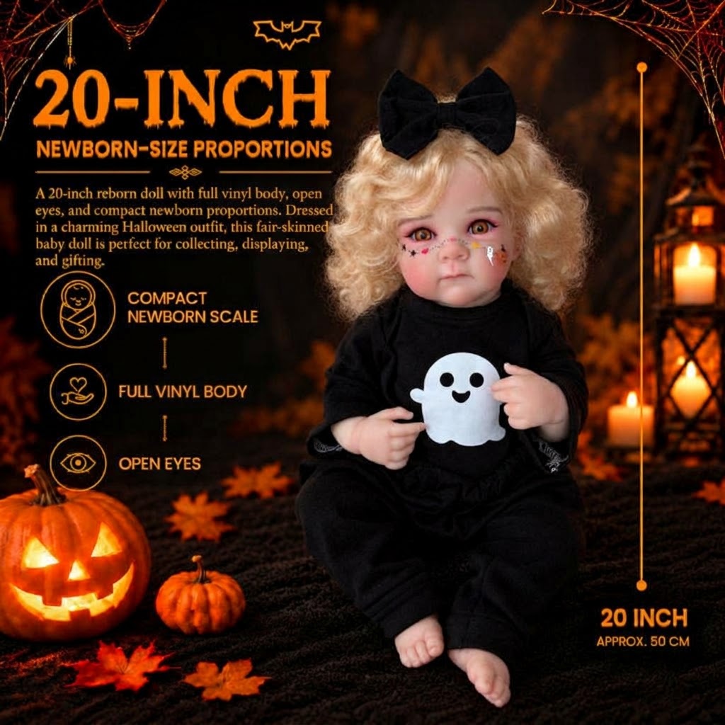 20 inch Halloween simulation Full vinyl Body Reborn Doll with golden curly hair, ghost print, black bow, gift box toy