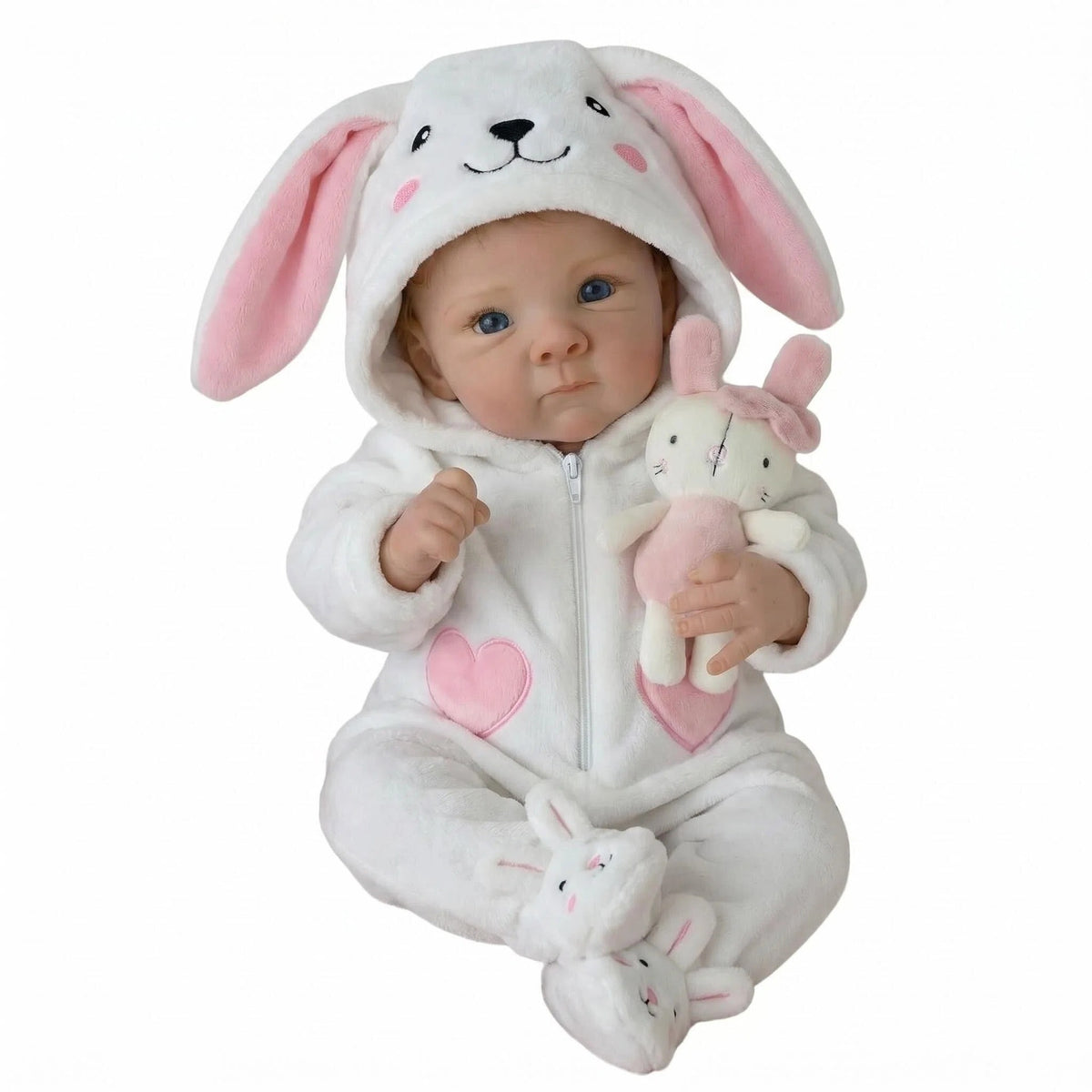 Baby Dolls 18 Inch 45cm, Realistic Newborn Doll with Soft Cloth Body & Cute Smile White Conjoined Rabbit Set Reborn Dolls for Kids Ages 3+
