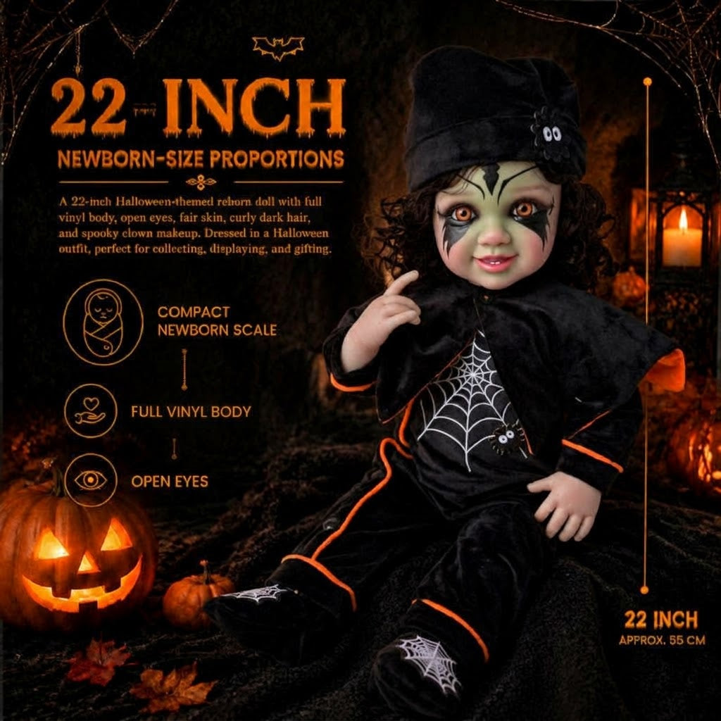 22 inch Halloween simulation vinyl rebirth doll brown curly hair spider web jumpsuit black cloak gift box toy
