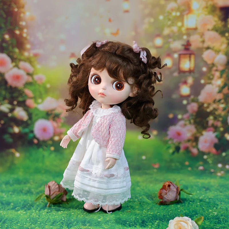 12-inch/30cm Big Eyes Porcelain Doll With White Dress and Pink Coat - Reborn Doll Australia