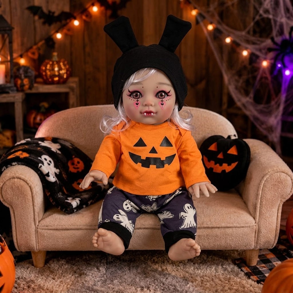 16 inch Halloween simulation reborn doll with silver curly hair, vampire shape, pumpkin top, ghost pants, bunny ears hat season gifts for chirld