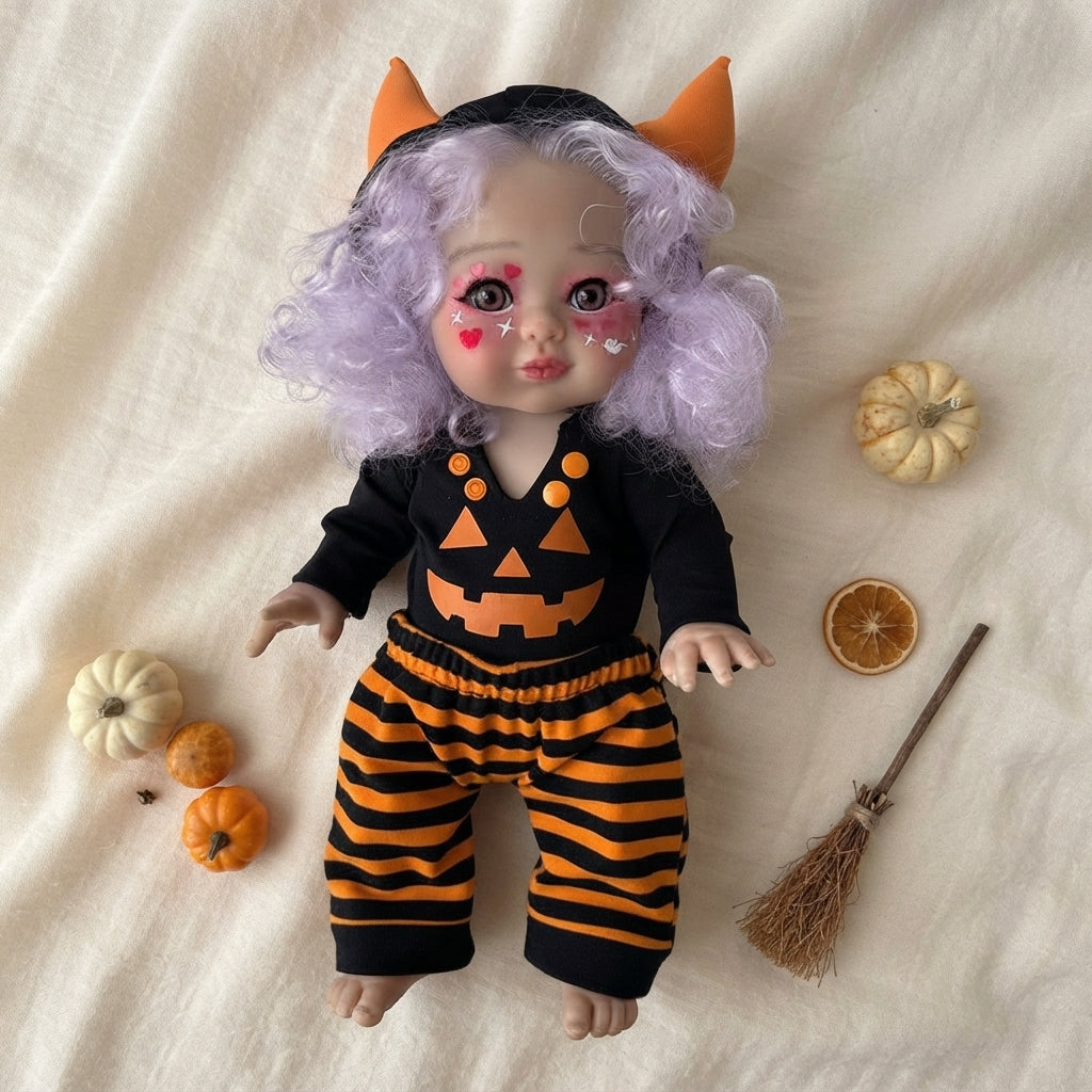 16 Inch Halloween Little Monster Reborn Doll Purple Curly Hair Open Eyes Full Vinyl Body
