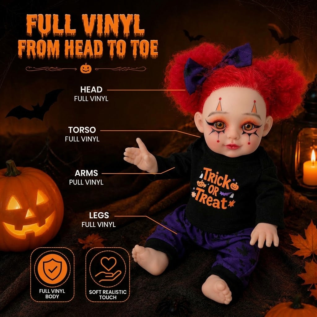 16 Inch Halloween Reborn Doll Red Curly Hair Orange Eyes Clown Makeup Full Vinyl Body Toy for Seasonal Gifts Party Props