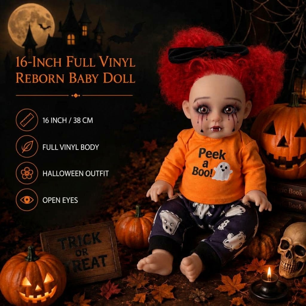 16 inch Halloween simulation rebirth doll with red curly hair, vampire shape, ghost print set, gift box doll