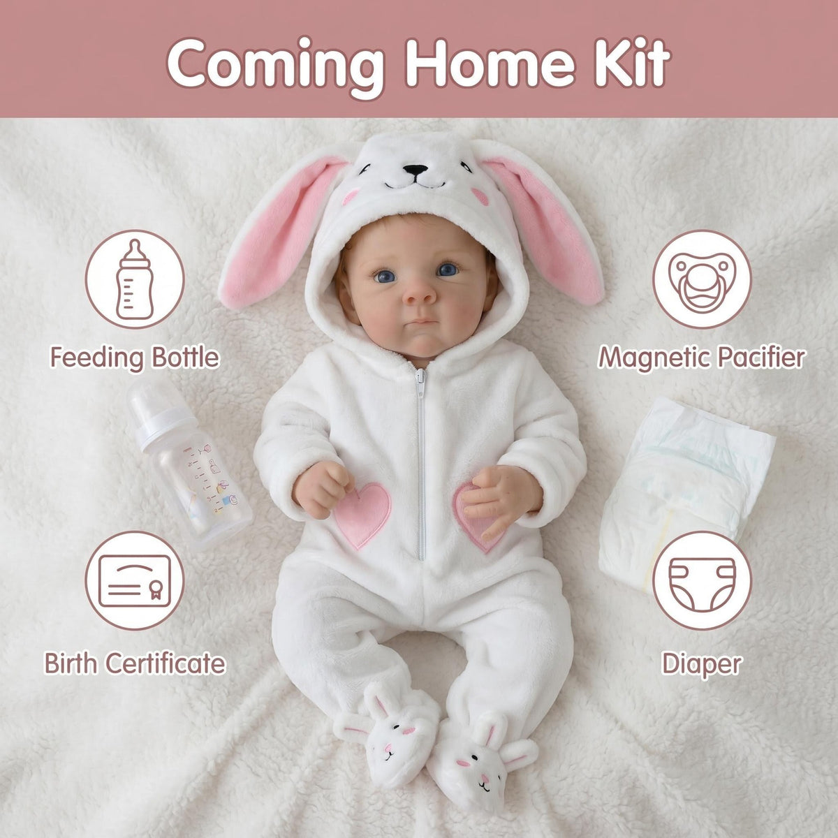 Baby Dolls 18 Inch 45cm, Realistic Newborn Doll with Soft Cloth Body & Cute Smile White Conjoined Rabbit Set Reborn Dolls for Kids Ages 3+