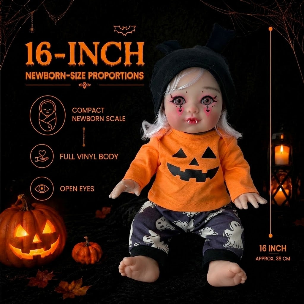 16 inch Halloween simulation reborn doll with silver curly hair, vampire shape, pumpkin top, ghost pants, bunny ears hat season gifts for chirld