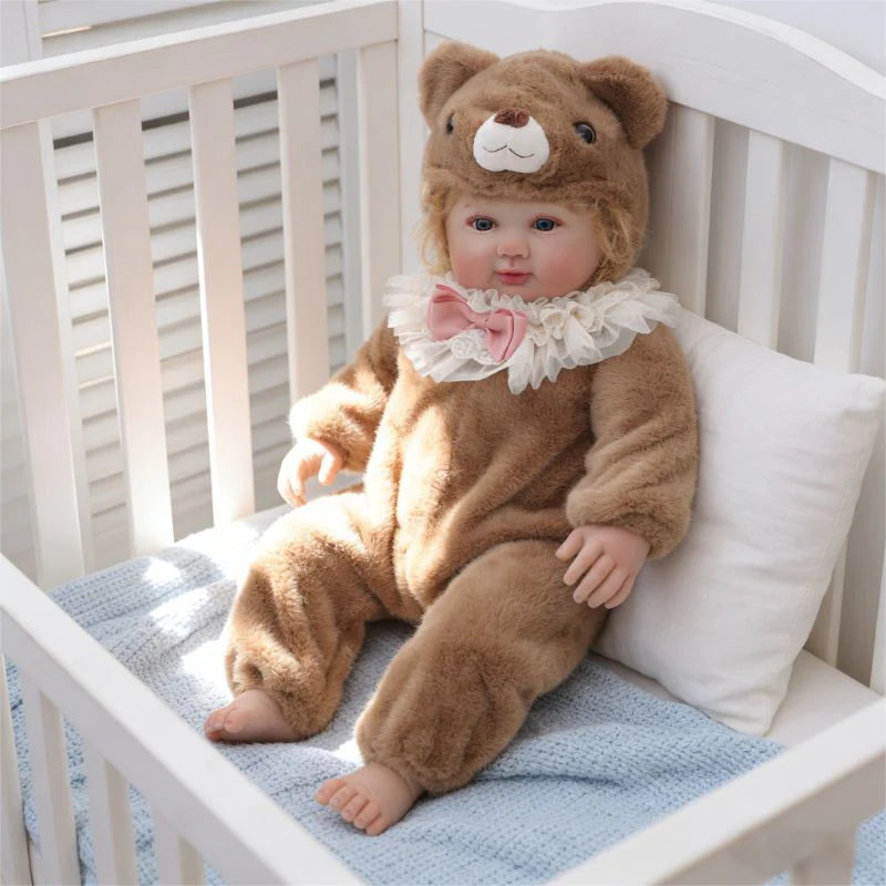 28-Inch/70cm Realistic Vinyl Baby Doll in Brown Plush Bear Suit – Hand-Painted Collectible with Blue Acrylic Eyes