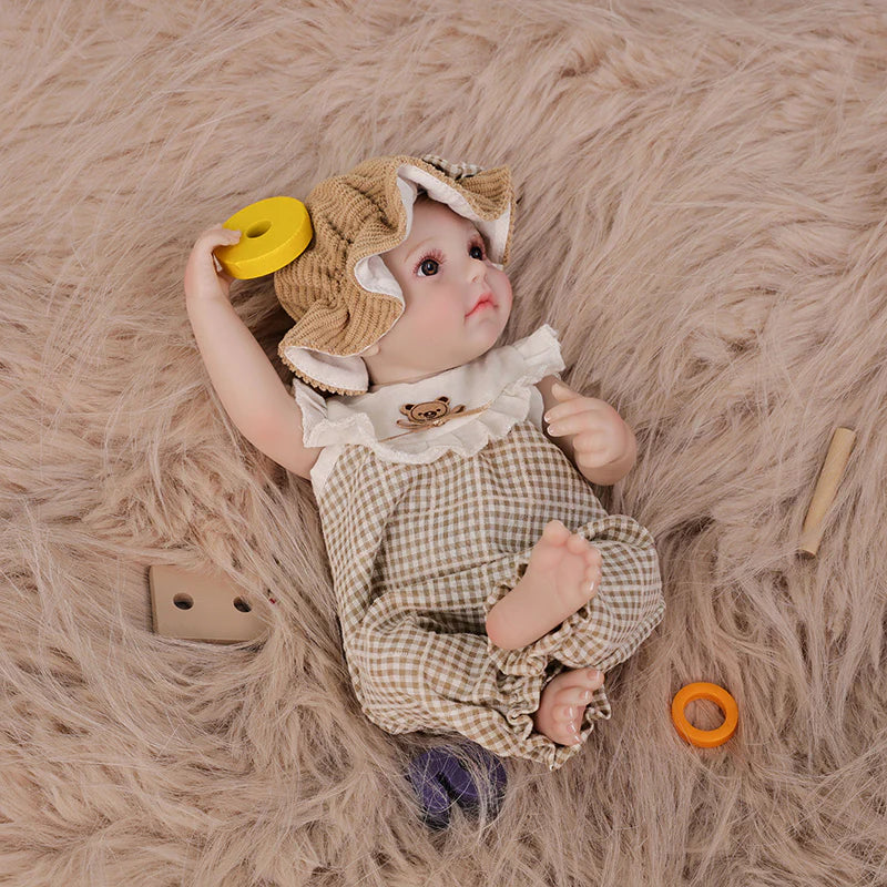 12-Inch/30cm Full Vinyl Reborn Doll with Light Brown Woven Bucket Hat - Reborn Doll Australia