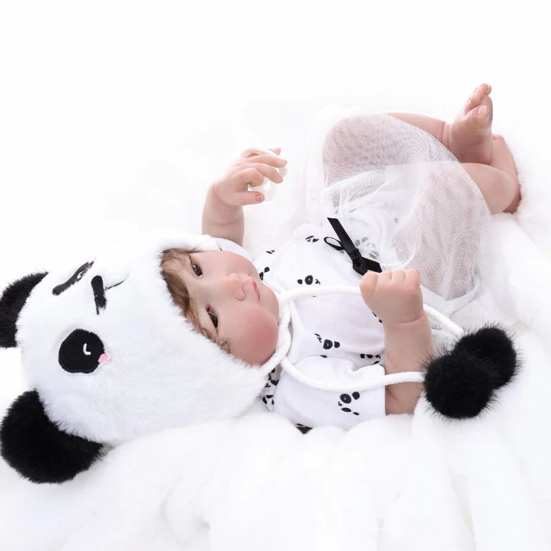 22-Inch/55cm Full-Body Vinyl Simulation Doll | Hand-Painted Makeup & Articulated Joints | Panda-Themed Plush Outfit - Reborn Doll Australia