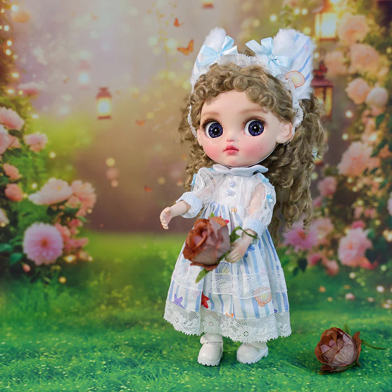 12-inch/30cm Big Eyes Porcelain Doll With Blue and White Dress - Reborn Doll Australia