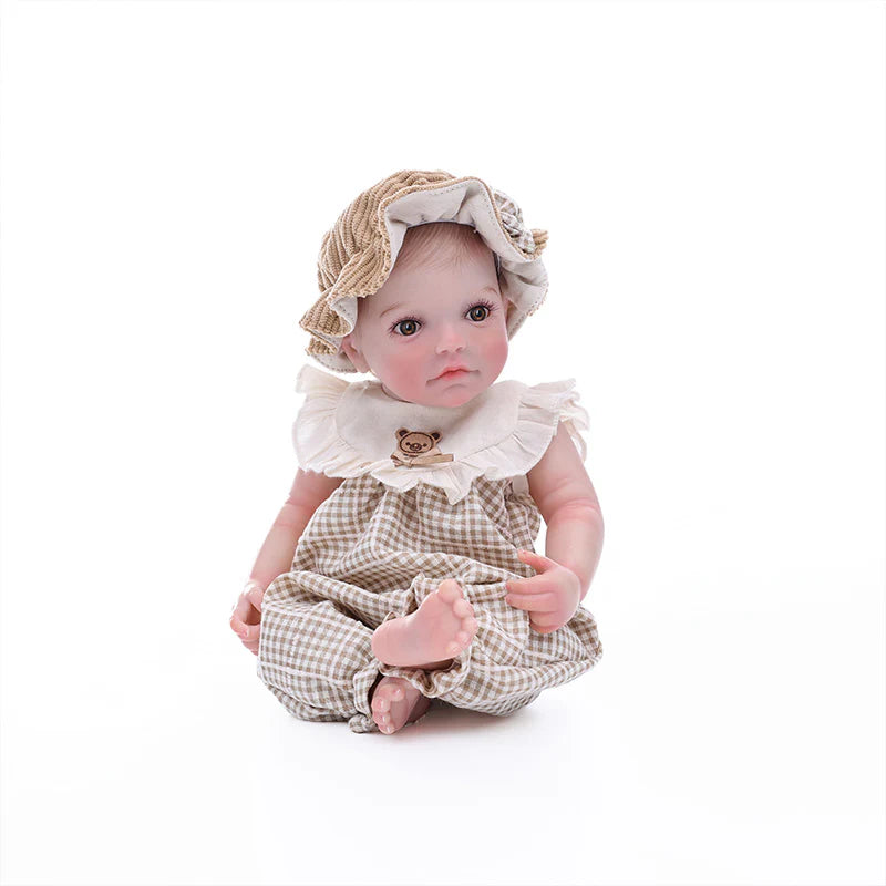 12-Inch/30cm Full Vinyl Reborn Doll with Light Brown Woven Bucket Hat - Reborn Doll Australia