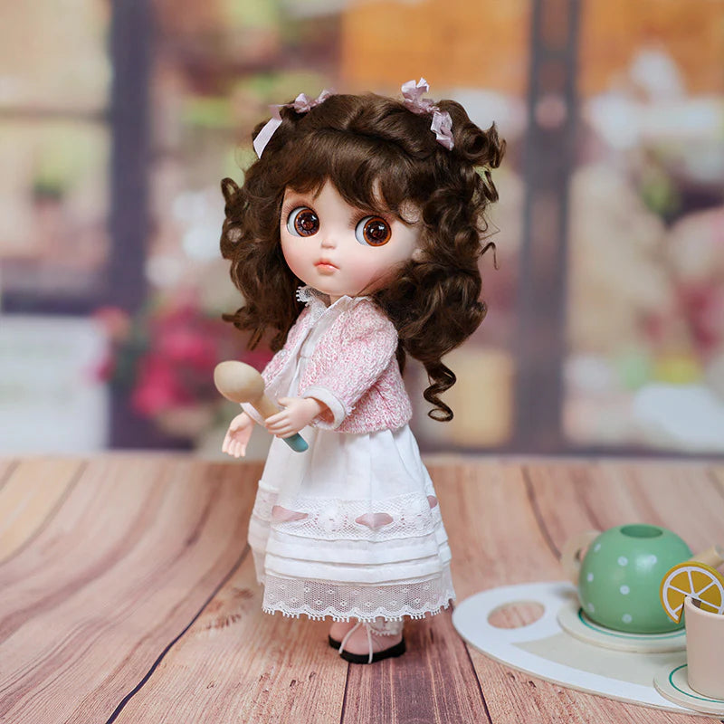 12-inch/30cm Big Eyes Porcelain Doll With White Dress and Pink Coat - Reborn Doll Australia
