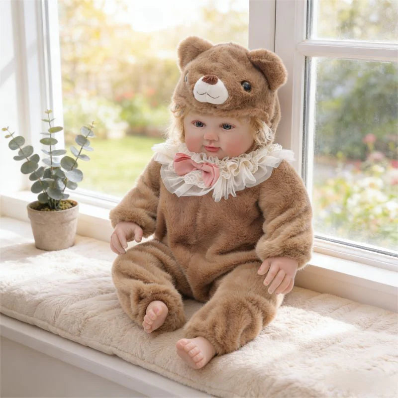28-Inch/70cm Realistic Vinyl Baby Doll in Brown Plush Bear Suit – Hand-Painted Collectible with Blue Acrylic Eyes