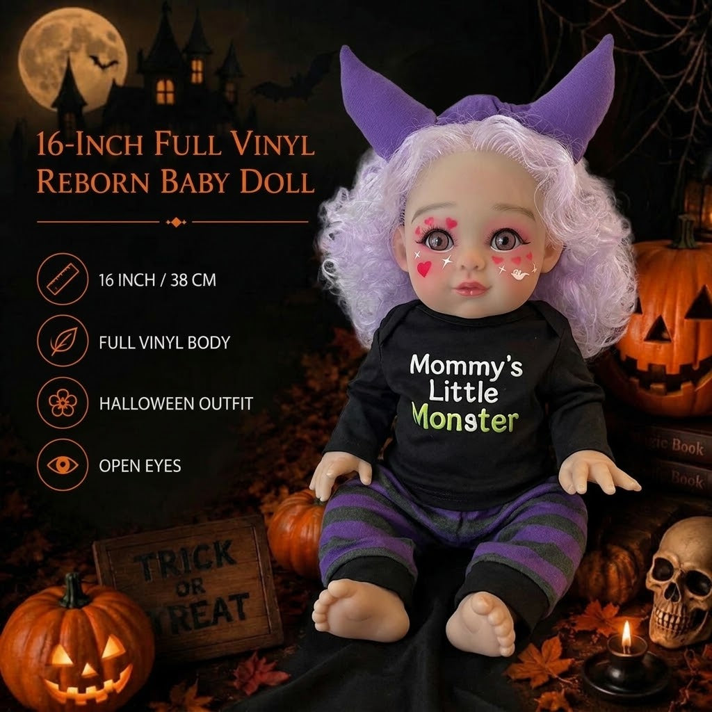 16 inch Halloween simulation reborn doll light purple curly hair love makeup devil horn hairband purple and black striped pants