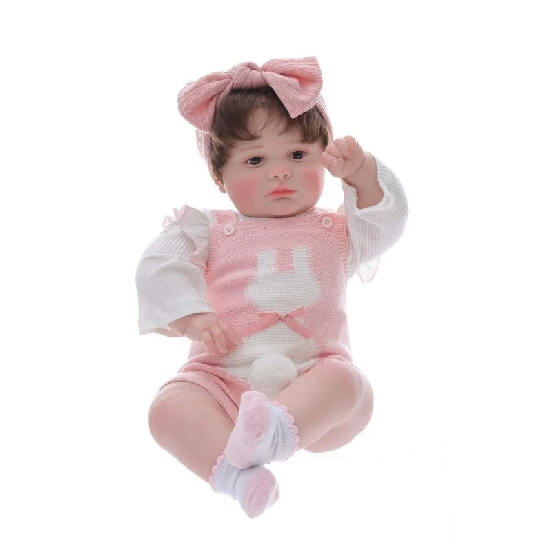 26-Inch/65cm Realistic Vinyl Baby Doll in Pink Outfit with Bow Headband – Hand-Painted Collectible Doll with Brown Eyes