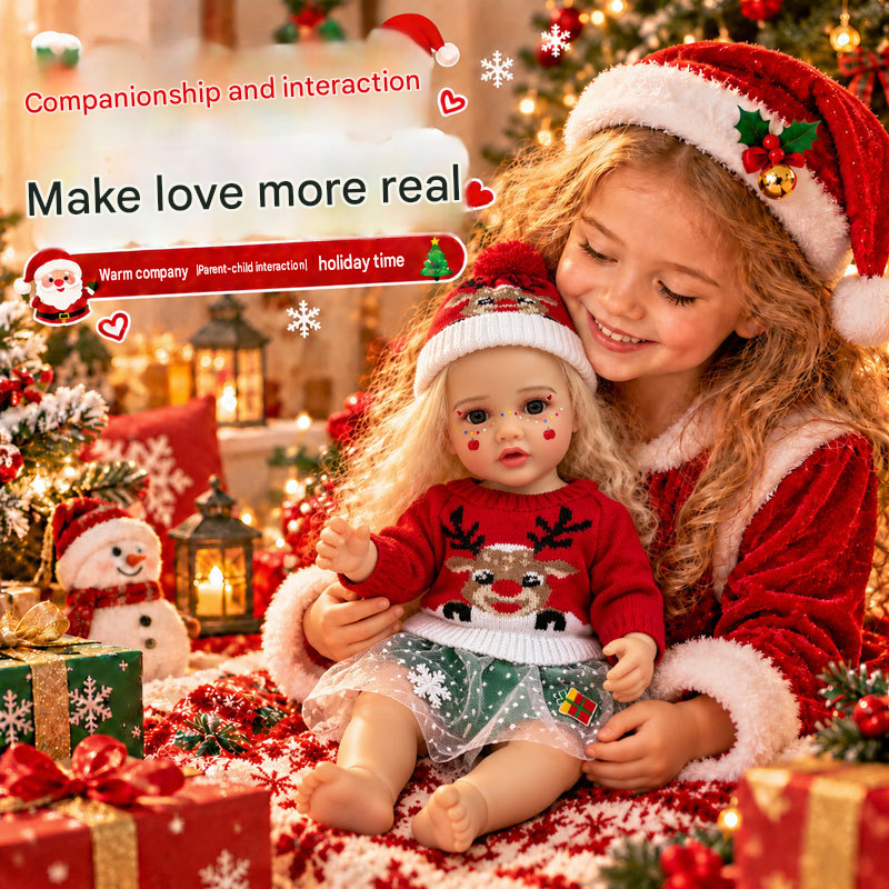 22 inch Christmas simulation reborn doll vinyl girl with curly hair and blue eyes, dress-up gift box, children's Christmas gift