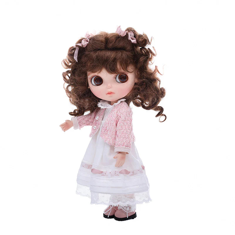 12-inch/30cm Big Eyes Porcelain Doll With White Dress and Pink Coat - Reborn Doll Australia