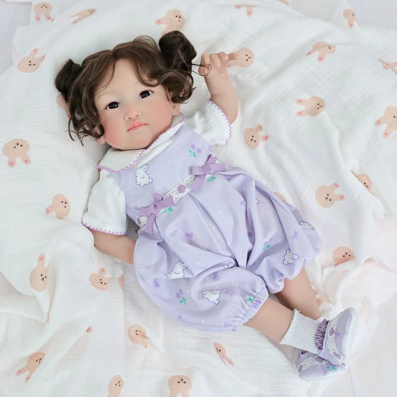 22-Inch/55cm Full-Body Vinyl Simulation Doll | Hand-Painted Makeup & Articulated Joints | Light Purple Cartoon Overalls Set - Reborn Doll Australia