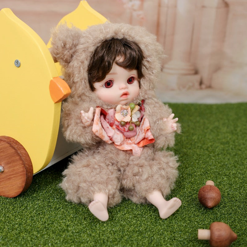 Mini Plush Baby Doll 10 inch/25cm in Fuzzy Sheep Hoodie with Floral Bow Accent Name Coco - Reborn Doll Australia