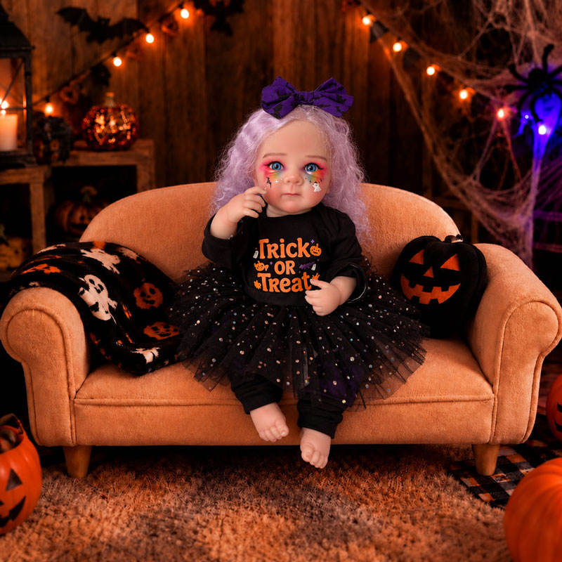 20 Inch Halloween Reborn Doll Curly Hair Blue Eyes Colorful Makeup Full Vinyl Body for gifts