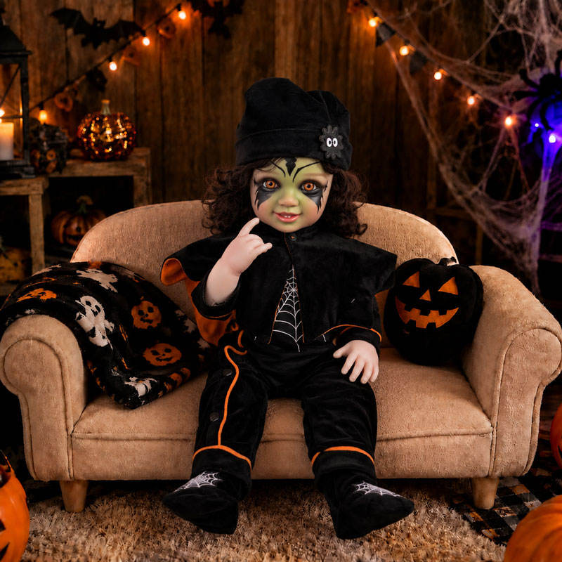 22 inch Halloween simulation vinyl rebirth doll brown curly hair spider web jumpsuit black cloak gift box toy