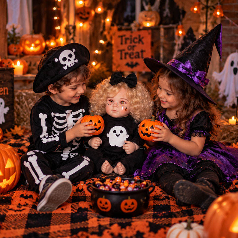 20 inch Halloween simulation Full vinyl Body Reborn Doll with golden curly hair, ghost print, black bow, gift box toy