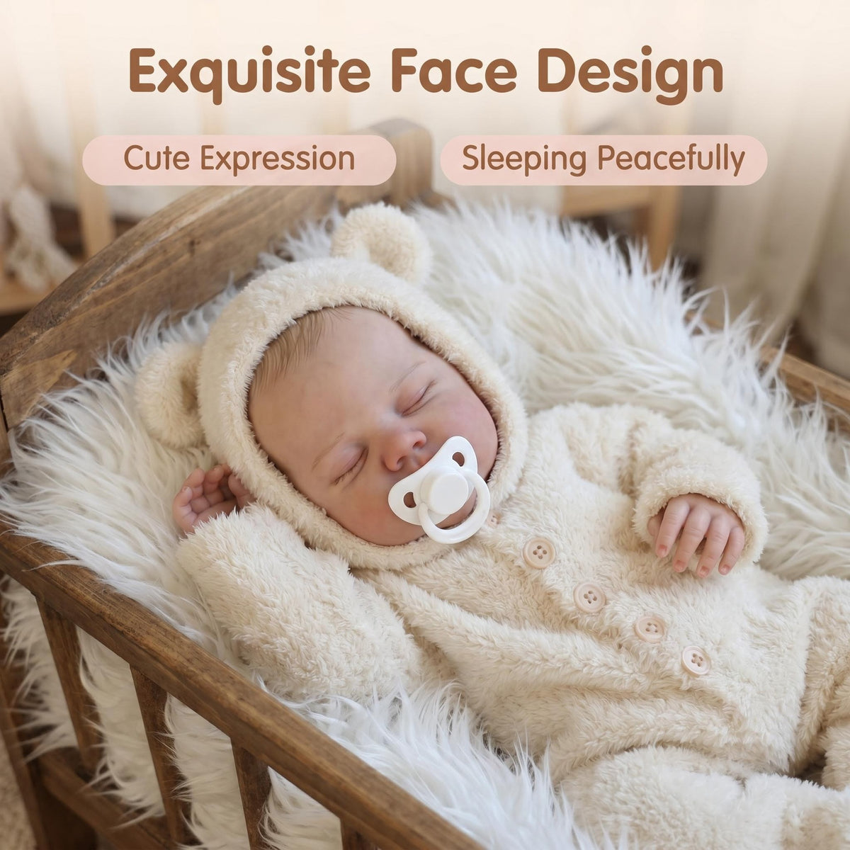 Lifelike Sleeping Baby Doll 19 Inch with Cloth Body Bear Hood Romper, Companion Toy Suitable For Nursery Photoshoot & All Occasion Holiday Gifting