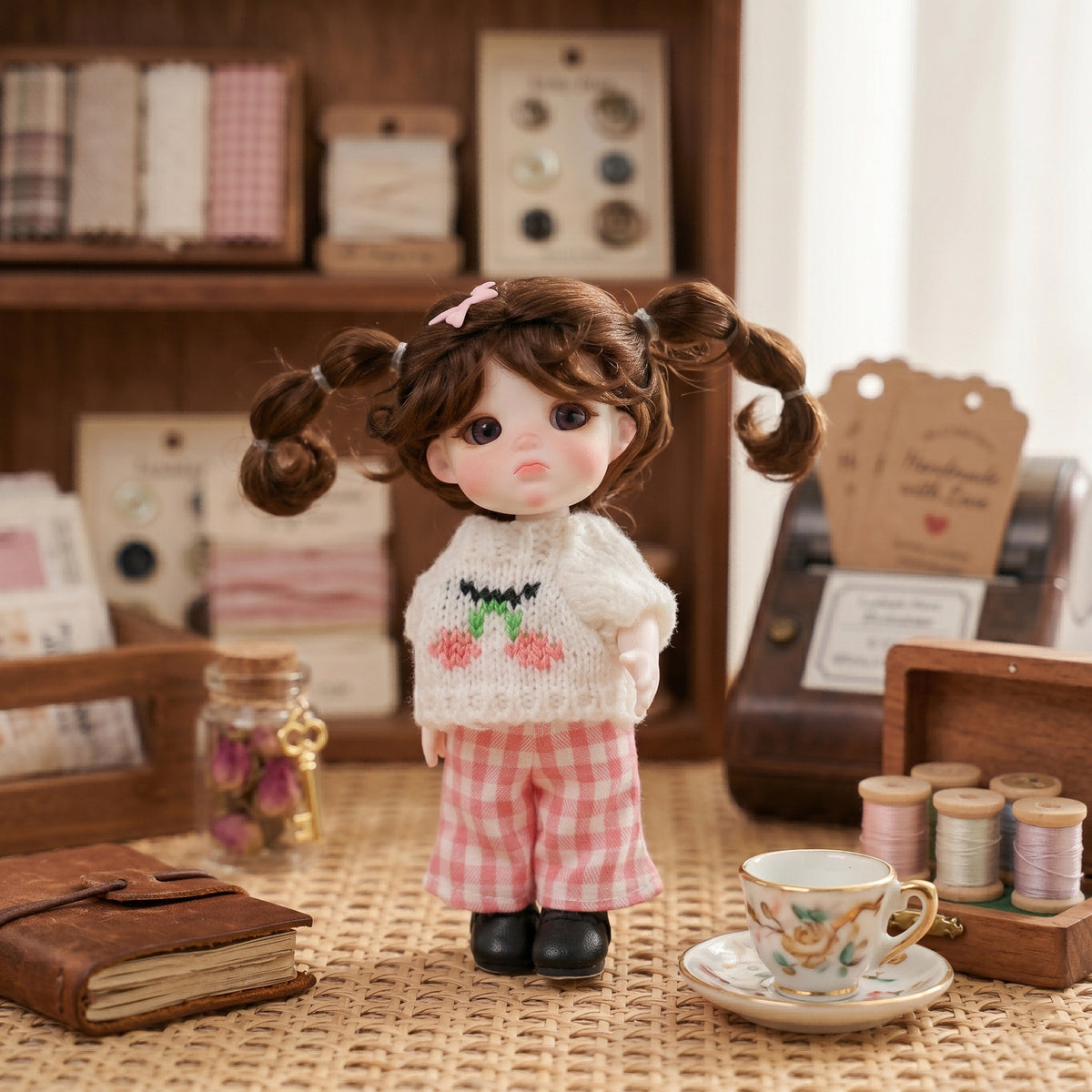 6 Inch Mini with Full Ceramic Body Doll Cute Double Ponytail Cherry Knit Outfit Collectible Desktop Decor Gift