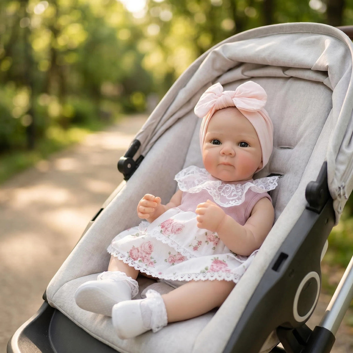 Floral Lace Dress 18 Inch Full Vinyl Body Reborn Doll Big Pink Bow Turban Open Eyes Realistic Outdoor Style Newborn Collectible