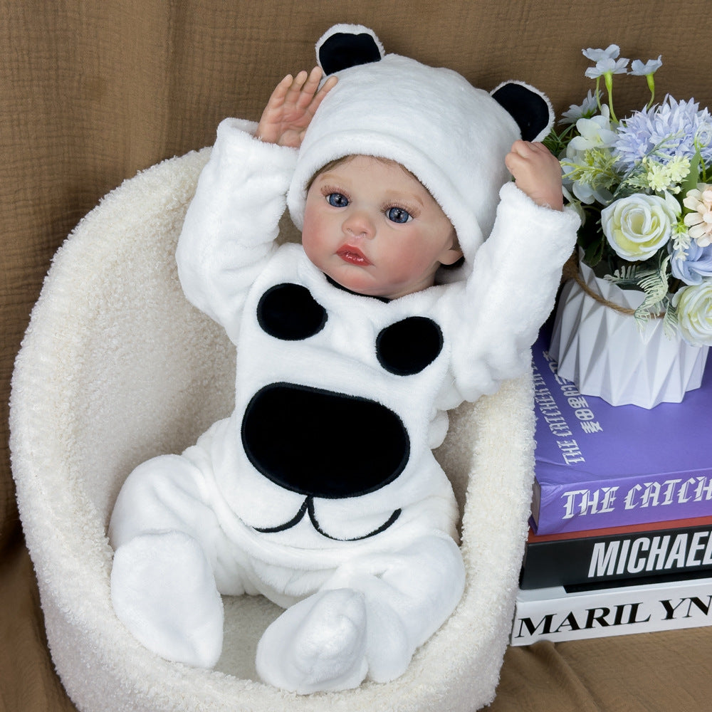18 Inch Full-Vinyl Realistic Baby Doll, Fluffy Panda Onesie, Timeless Keepsake for Birthdays and Holiday Gift Seasons
