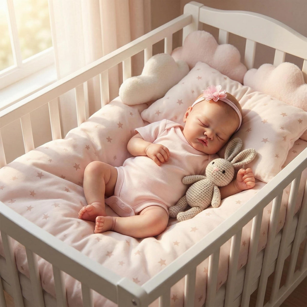 Realistic Sleeping Baby Doll 19 Inch with Cloth Body Floral Headband , Companion Toy Suitable For Nursery Photoshoot & All Occasion Holiday Gifting