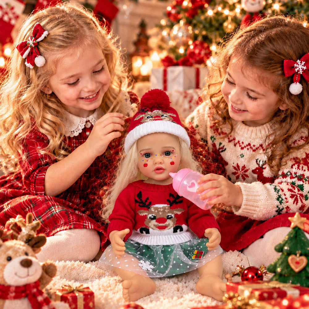 22 inch Christmas simulation reborn doll vinyl girl with curly hair and blue eyes, dress-up gift box, children's Christmas gift