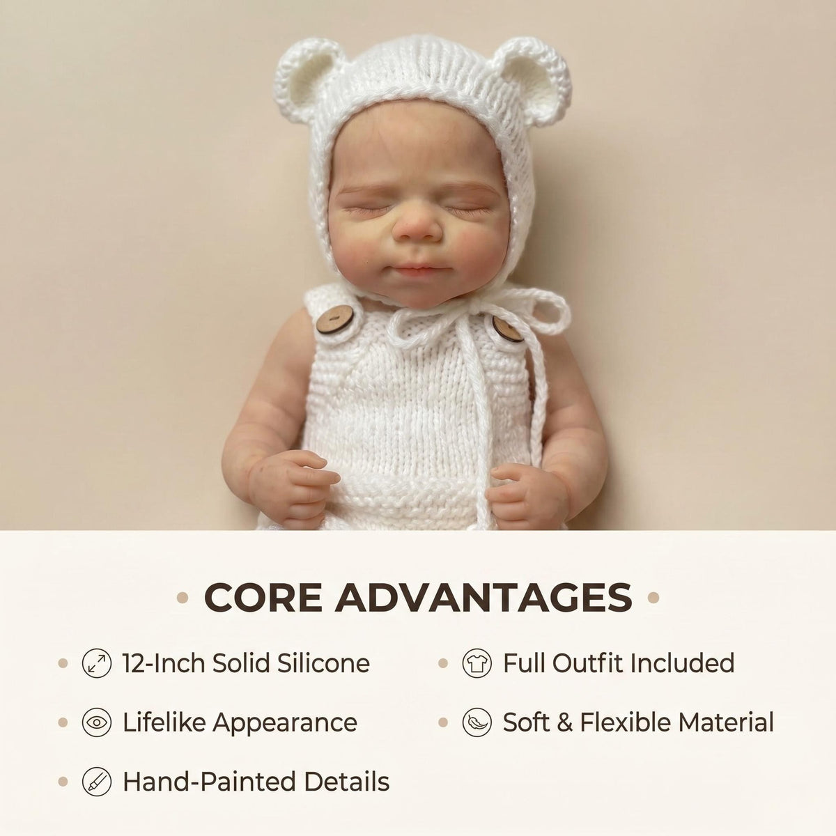 12-inch reborn doll full silicone body white sweater bear hat doll gift for children's holiday collection