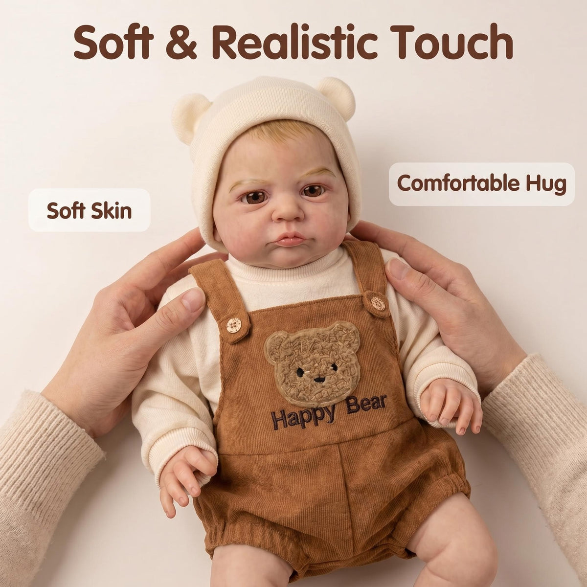 Comfort Hug 19 inch with Cloth Body Reborn Doll Cream Bear Hat Realistic Lifelike Face Perfect Bedroom Nursery Decor Present