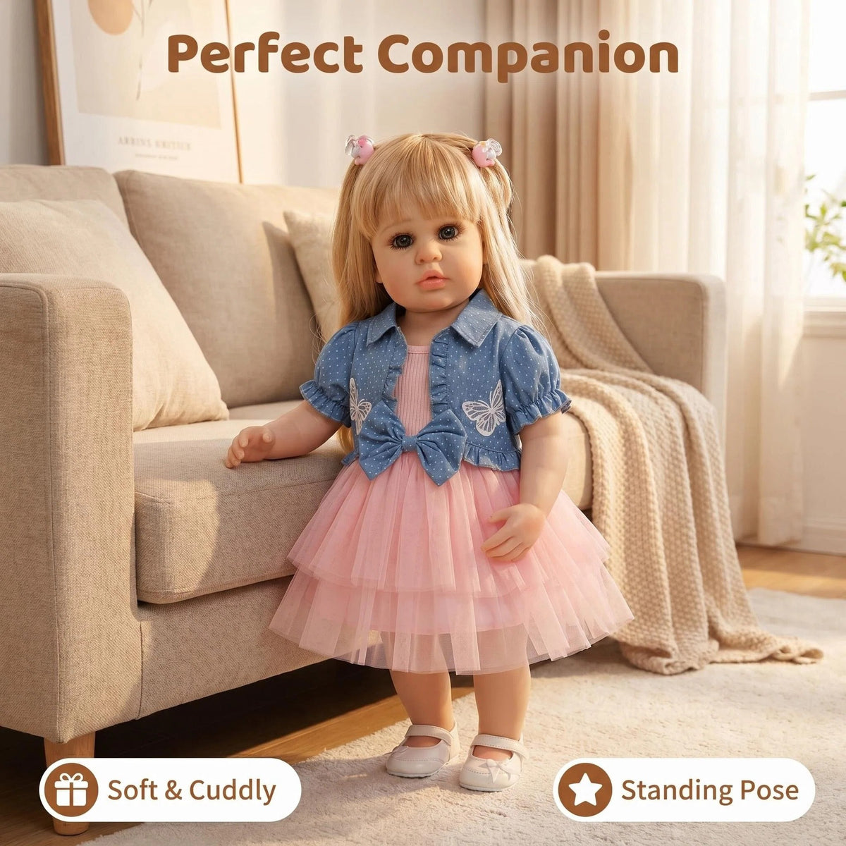 Lifelike 22 inch with Full Vinyl Body Standing Toddler Reborn Doll With Blonde Pigtails, Princess Outfit, Festive Gift For Kids & Collectors
