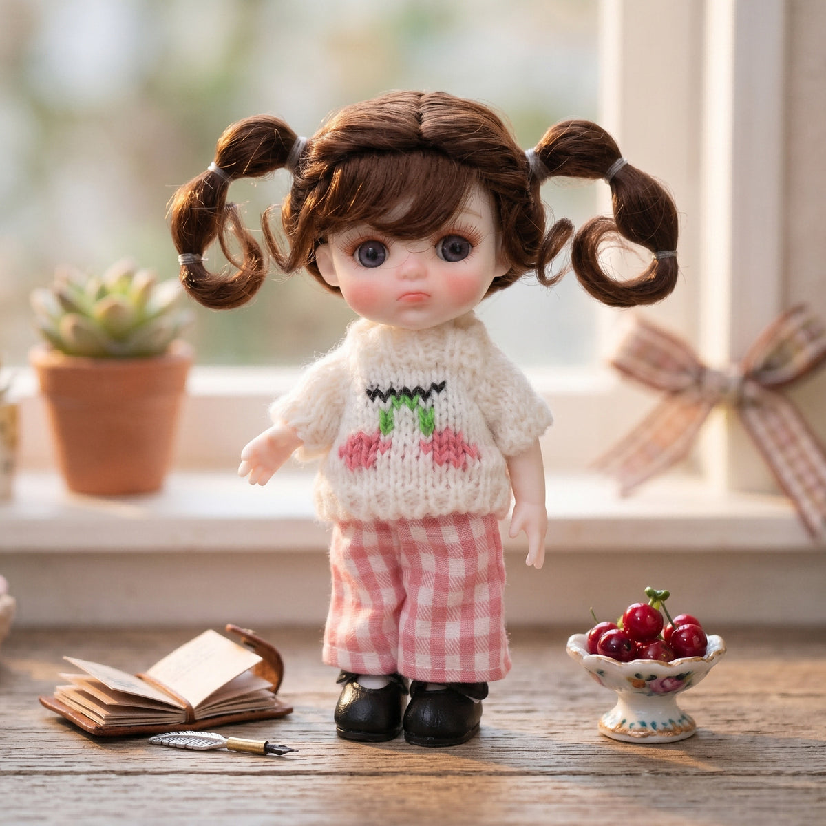 6 Inch Mini with Full Ceramic Body Doll Cute Double Ponytail Cherry Knit Outfit Collectible Desktop Decor Gift