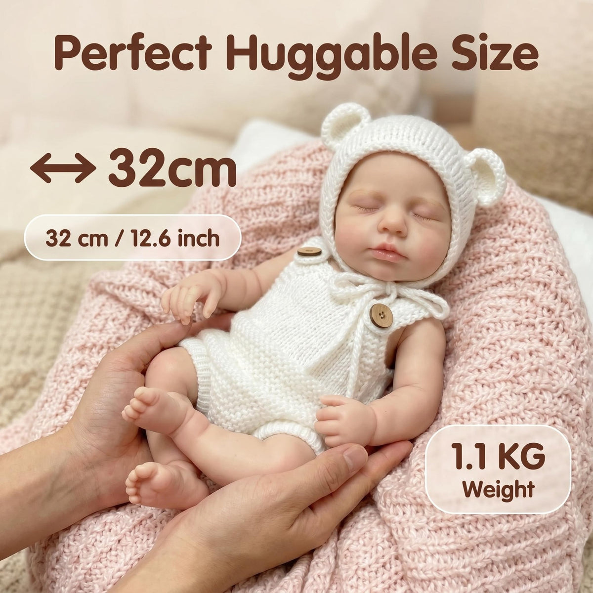 12 Inch with Full Soild Silicone Doll, Neutral Hand-Knit Bear Outfit, Perfect Gift Selection for Baby Shower, Thanksgiving, Valentine’s Day and various holiday celebrations
