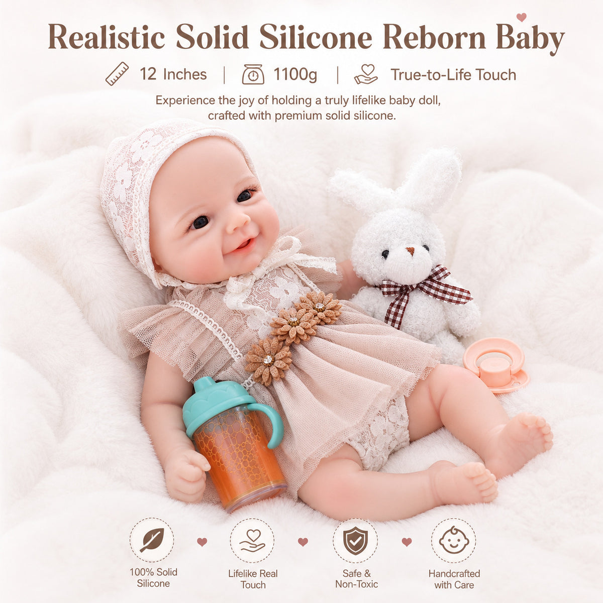 12 Inch Realistic Reborn Newborn Doll with Full Soild Silicone Body Detailed 3D Skin Collectible Doll Toy for Girls & Doll Lovers