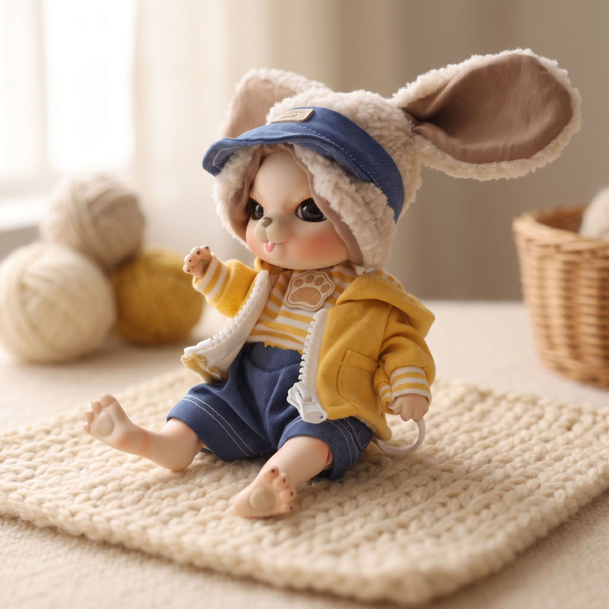 10 inch Cute Animal with Full Ceramic Ball Joint Body with Fluffy Ear Hat Reborn baby doll.Outfit Collectible Decor Gift