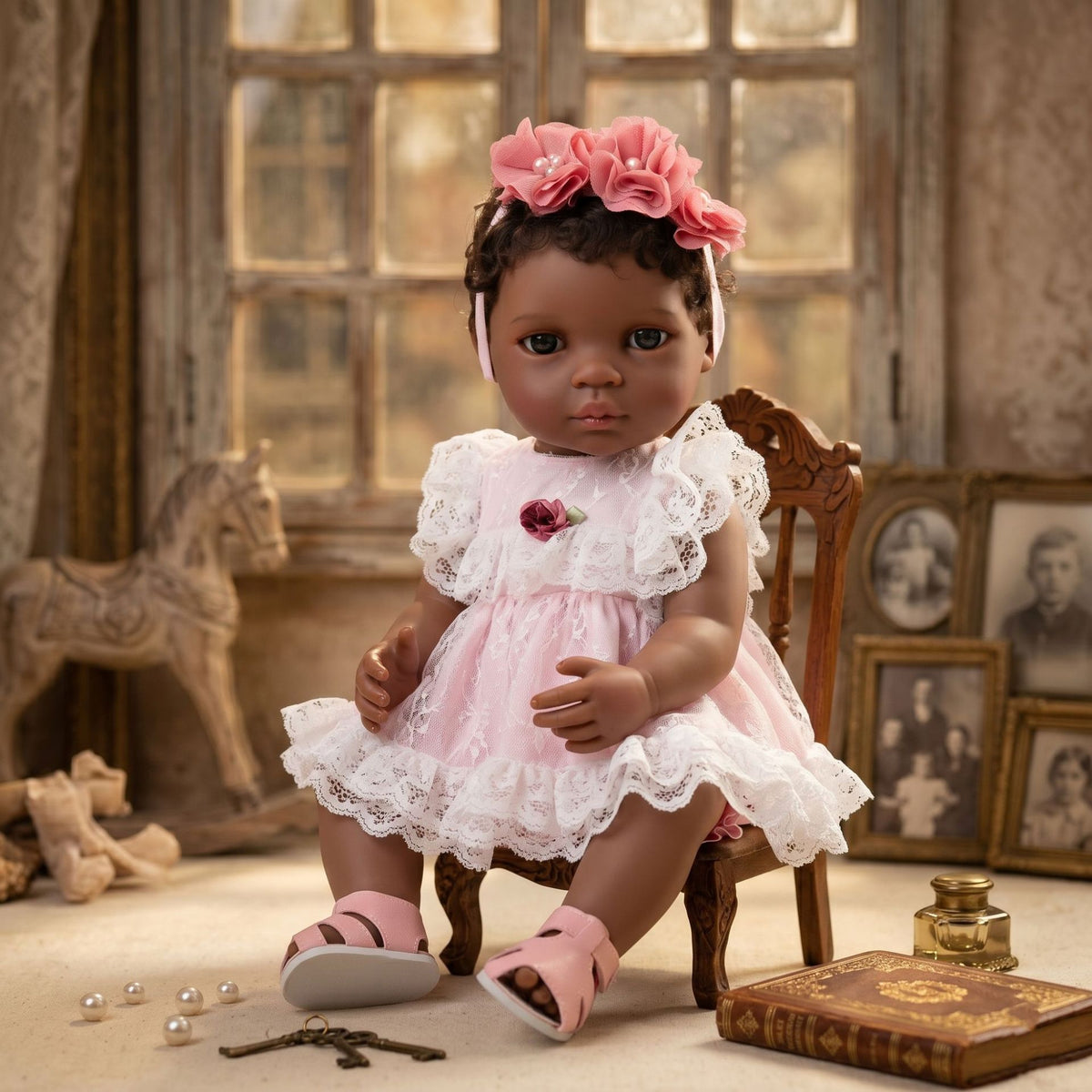 50CM Black Simulated Baby Doll Reborn Doll Black Skin Full Plastic Hair Transplant Girl African Doll