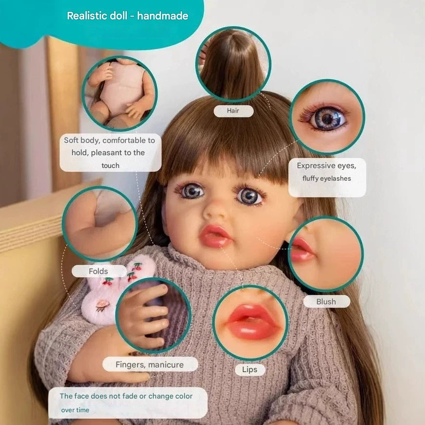 Realistic doll with detailed features labeled, sitting on a chair.