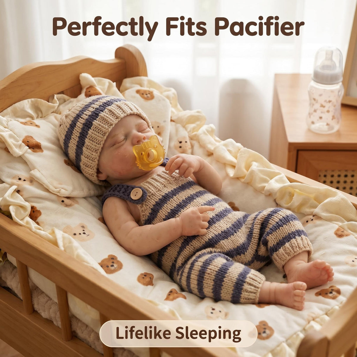 Newborn Simulation 18 Inch Full Soild Silicone Body Sleeping Doll Neutral Striped Knit Suit For Pretend Care & Hobby Collection