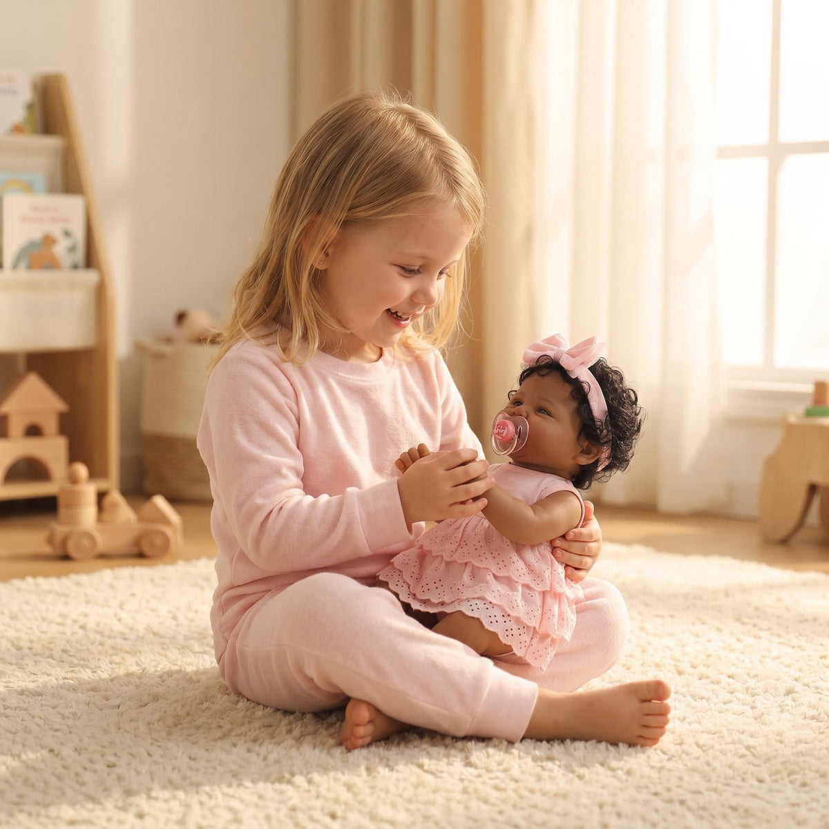 19 Inch With Cloth Body Reborn Baby Doll, Pink Eyelet Lace Dress, Big Mesh Bow Headband, Lovely Gift Option for Birthdays, Christmas and Holiday Celebrations, Huggable Companion Toy for Kids and Adult Doll Collectors