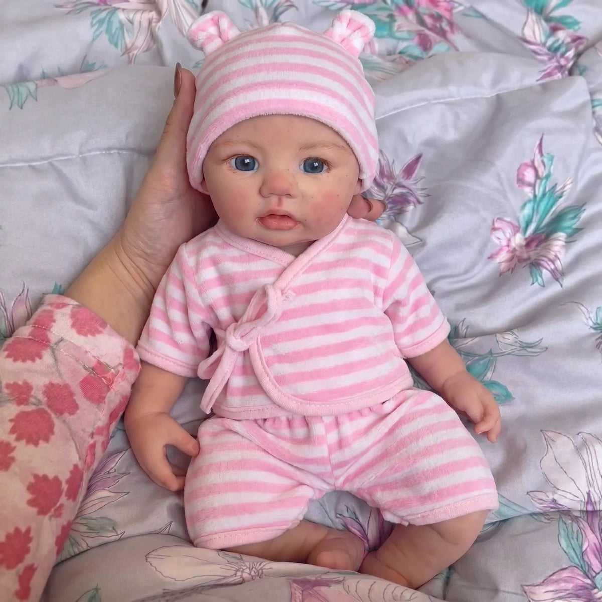 12 Inch with Full Silicone Body Reborn Doll In Pink Striped Bear Ear Hat & Wrap Outfit, Portable Hug Companion Toy for Kids and Adult Collectors, Ideal Surprise Gift for Birthdays, Baby Showers and Holiday Celebrations