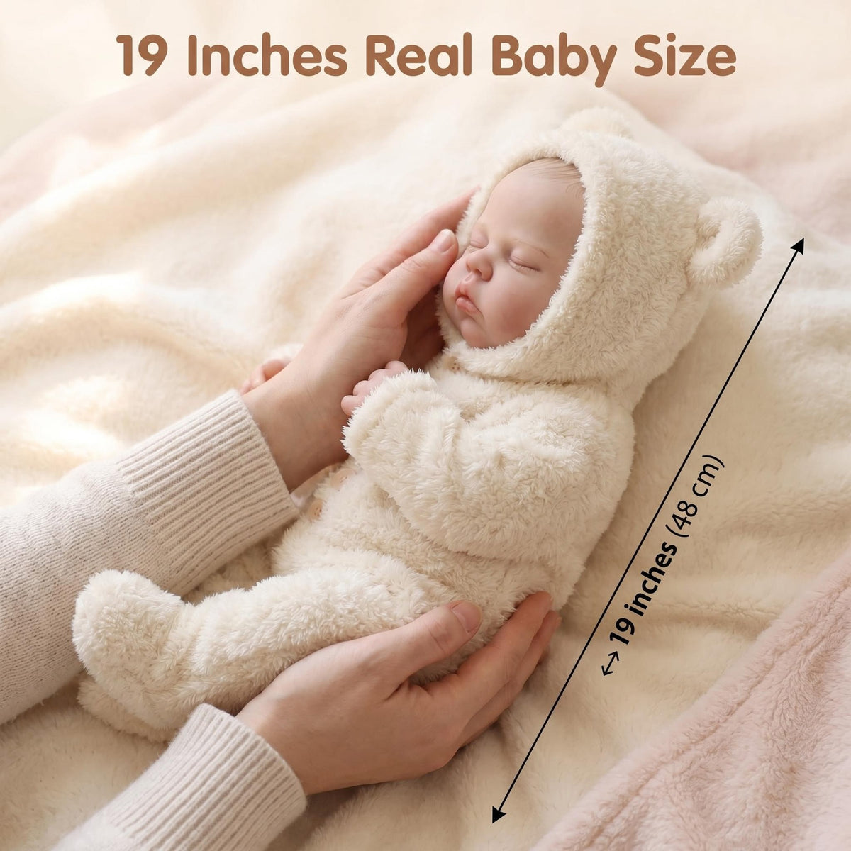 Lifelike Sleeping Baby Doll 19 Inch with Cloth Body Bear Hood Romper, Companion Toy Suitable For Nursery Photoshoot & All Occasion Holiday Gifting