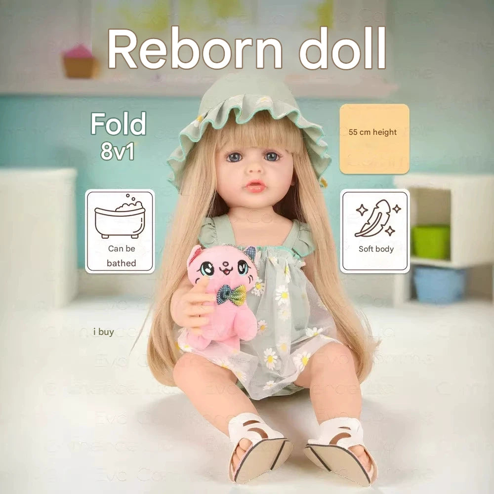 Realistic Reborn Baby Girl Doll 22 Inch 55cm Full Body Soft Vinyl Bathable Newborn Toddler with Long Blonde Hair and Summer Outfit - Reborn Doll Australia