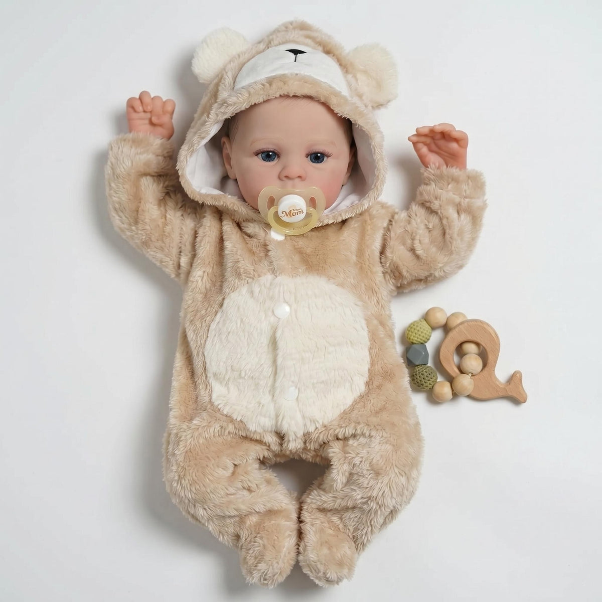 Lifelike Open-Eyed Baby Doll 18 Inch with Cloth Body Bear Hood Romper, Companion Toy Suitable For Nursery Decor & All Occasion Holiday Gifting