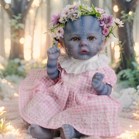 Avatar Style Elf 12 inch with Full Vinyl Body Doll Amber Eyes Lace Trim Gingham Dress Premium Surprise Gift For Birthday Parties & Seasonal Holiday Celebrations