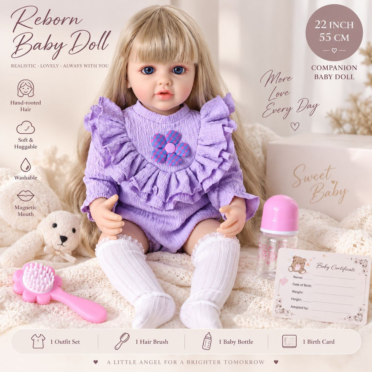 22 Inch Rebirth Doll Vinyl Simulation Baby Doll Realistic Newborn Baby Gift for Various Holidays